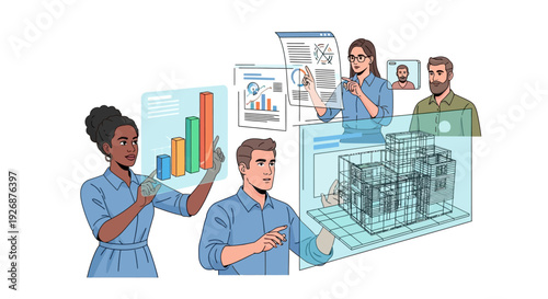 Diverse team collaborating on data visualization and architectural design.