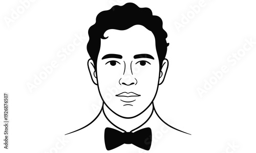 Simple black and white vector illustration of a man's face wearing a bow tie with a neutral expression.