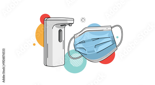 Blue medical face mask and automatic touchless hand sanitizer dispenser for hygiene and virus prevention in public spaces.