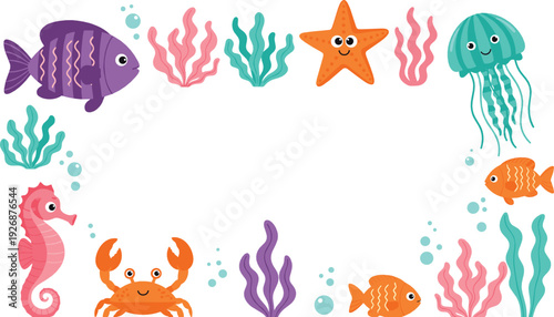 Cute Underwater Sea Animals Frame with Fish, Starfish, Jellyfish, Crab and Coral Cartoon Flat Vector Illustration