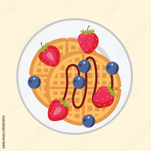 Vector illustration of golden waffles topped with cream, raspberries and blueberries on a plate, celebrating World Waffle Day with a cheerful, festive and delicious theme.