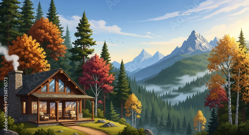 A cozy cabin nestled in a vibrant autumn forest with majestic mountains in the background.