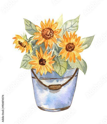 Rustic watercolor illustration of the sunflowers in a bucket. Cute drawing in cottagecore style for stickers, cards, scrapbooking, and more