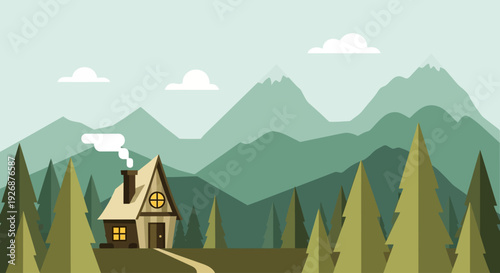A cozy cabin nestled in a serene mountain landscape with pine trees and a winding path.