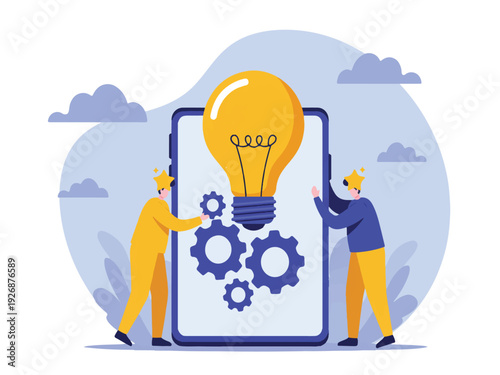 Two cartoon people standing next to a large smartphone with a lightbulb and gears on the screen  teamwork concept with creative idea