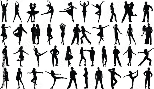 Dancing People Silhouettes Collection with Various Poses Isolated on White Background Party and Performance Vector Illustration Set