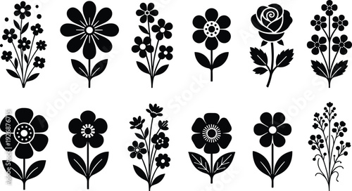 Floral Silhouettes Collection with Various Flower Designs Isolated on White Background Botanical Vector Illustration Set