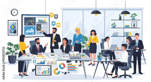 Diverse team collaborating in modern office meeting.