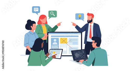 Diverse team collaborating on a digital project using technology.