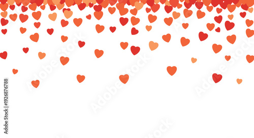 Romantic background texture of many small red and orange hearts falling from the top on a clean white background for lovers.
