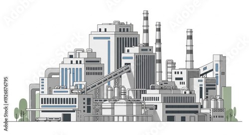 Complex industrial plant with chimneys and various buildings, a detailed illustration.
