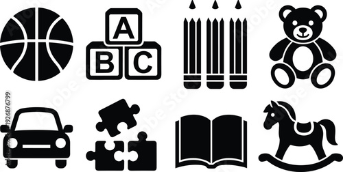 Kids Toys and Education Icons Set Including Basketball Blocks Pencils Teddy Bear Car Book Vector Illustration Collection