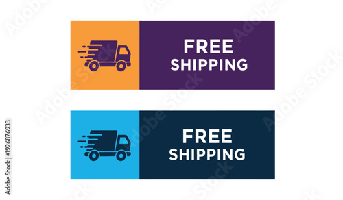 Free shipping labels with truck icons on orange, blue, and purple backgrounds for ecommerce and logistics use