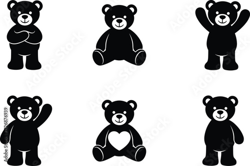 Cute teddy bear silhouette set featuring various poses including sitting, standing, waving, and holding a heart for nursery and childhood designs