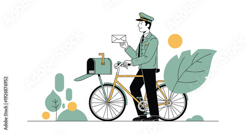Friendly postman wearing a green uniform riding a bicycle to deliver a letter into a classic mailbox in a garden setting.