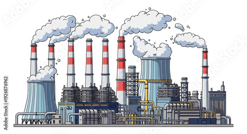 Industrial complex emitting pollution into the atmosphere, environmental concerns.
