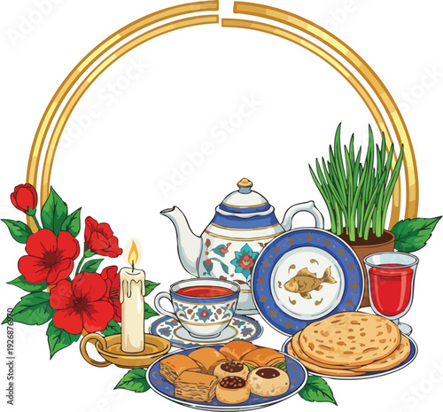 Nowruz haftsin table setting with traditional elements like samanu, sabzeh, candle, sweets, and tea in decorative frame