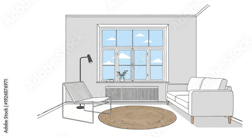 Modern minimalist living room interior with furniture and large window.