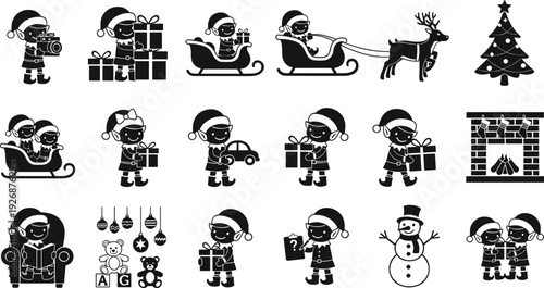 Christmas elf silhouette set featuring cute holiday characters preparing gifts, riding sleighs, and decorating with trees and snowmen for winter