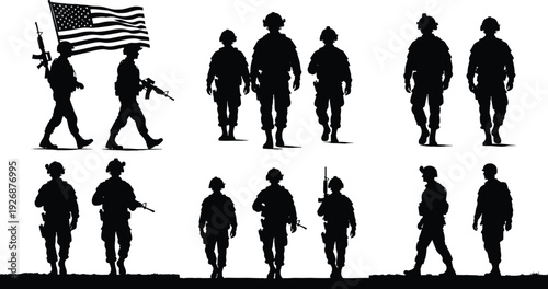 Soldier Silhouettes Collection with American Flag Isolated on White Background Military Army Vector Illustration Set