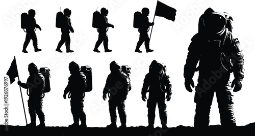 Silhouette Evolution of Astronaut from Exploration to Spacewalk and Flag Planting on Lunar Surface Concept Art Journey of Human Space Exploration