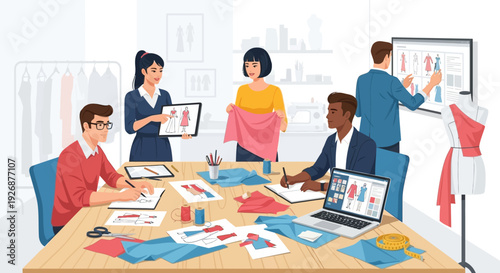 Diverse team collaborating on fashion design project.