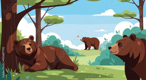 Three wild brown bears in a natural forest landscape with green trees and hills under a clear blue sky during daytime.