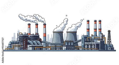Industrial power plant emitting smoke into the atmosphere, environmental pollution concept.
