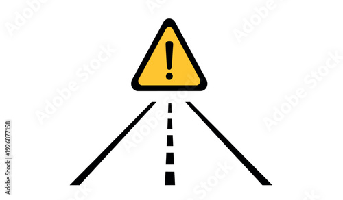 Road warning sign with exclamation mark on yellow triangle indicating caution