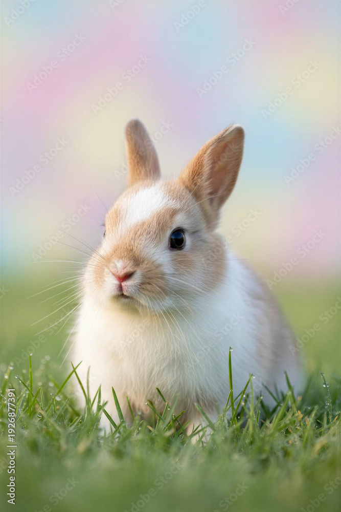Fototapeta premium Baby rabbit sitting in dewy grass with soft pastel background