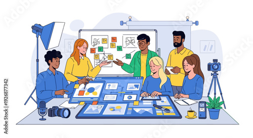 Diverse team collaborating on a project in a modern office setting.