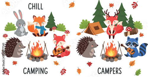 Cute Woodland Camping Scene Collection with Fox, Hedgehog, Raccoon and Campfire Cartoon Flat Vector Illustration