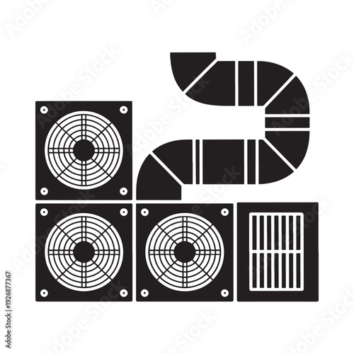 Black and white illustration of computer cooling fans and a curved vent
