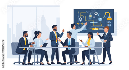 Diverse team collaborating in modern office meeting room.