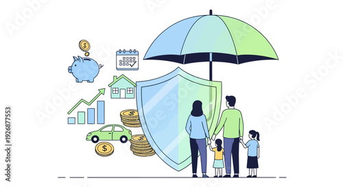 Family Protection Under Umbrella Shield with Financial Symbols.
