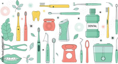 Dental Care Tools Collection with Toothbrush, Floss, Mouthwash and Electric Toothbrush Flat Vector Illustration Set