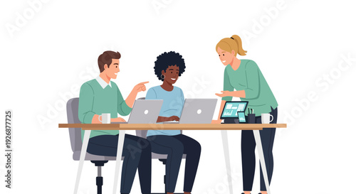 Diverse team collaborating on a project using laptops and tablets.