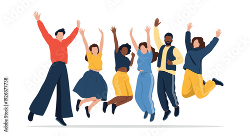 Group of diverse young people jumping for joy and celebrating together with their arms raised as a symbol of success and happiness.