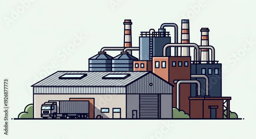 Industrial factory complex with truck, silos, and smokestacks, manufacturing plant illustration.