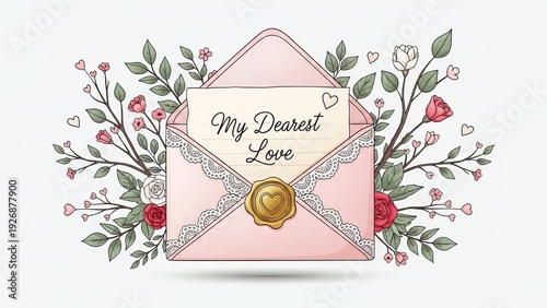 Romantic letter in a pink envelope with floral decorations and a golden seal viewed from the front