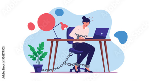 Businesswoman chained to her office desk and laptop representing the feeling of being trapped or overworked in a stressful job.