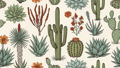 A seamless pattern of various cacti and succulents in a desert landscape viewed from directly above