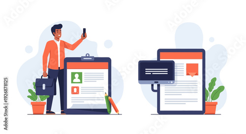 Job Application Process - Man Taking Selfie with Resume and Online Form.