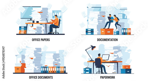 Four scenes showing office workers overwhelmed by massive piles of paperwork and documents labeled as office papers and documentation.