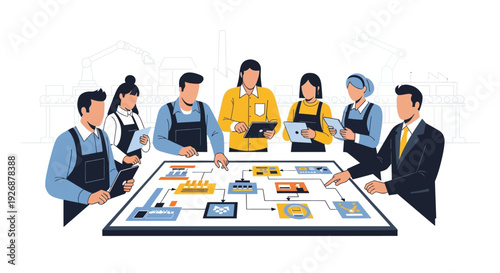 Diverse team collaborating on a technological project around a table.