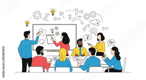 Diverse team collaborating on a whiteboard during a business meeting.