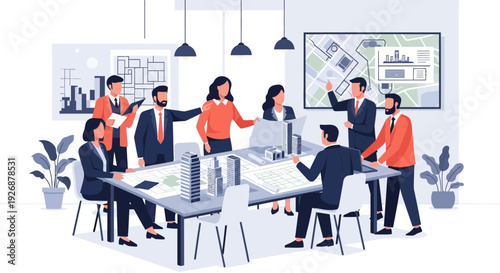 Diverse team collaborating in modern office meeting room.