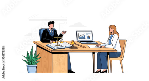 Lawyer and client meeting in office discussing legal matters.