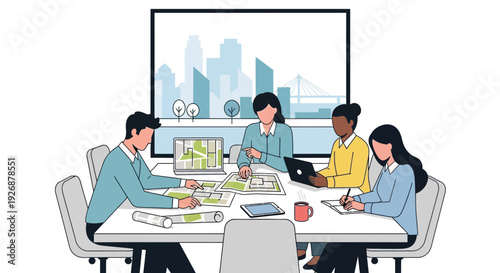 Diverse team collaborating on urban planning project around table.