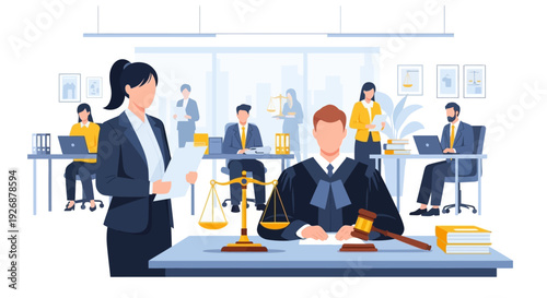 Lawyer and Judge in Courtroom with Gavel and Scales of Justice.